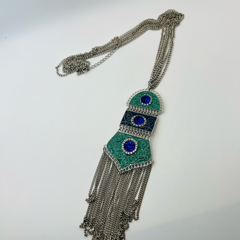 Vintage Boho Fringe Necklace Silver Tone Blue Rhinestone Enamel Statement - Picture 4 of 4